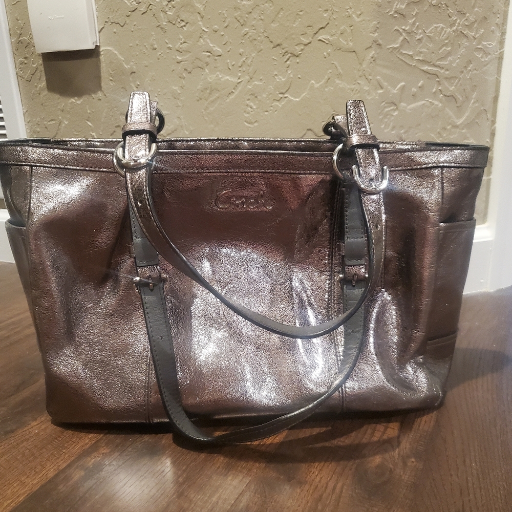Coach metallic leather east/west tote